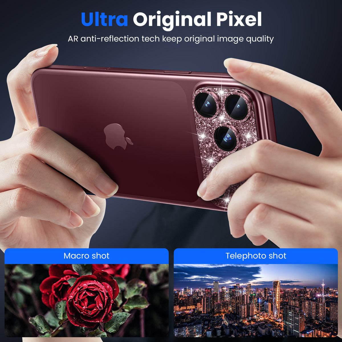 WSKEN iPhone 18 Pro Max Camera Lens Protector - Military Grade Design Glitter Burgundy - WSKEN