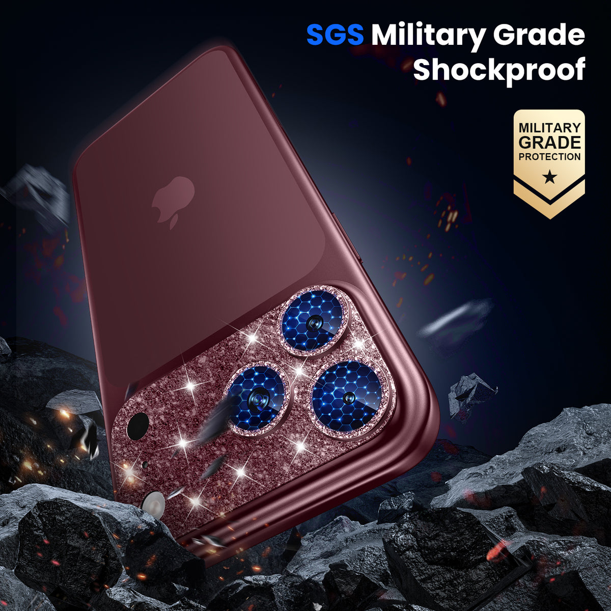 WSKEN iPhone 18 Pro Max Camera Lens Protector - Military Grade Design Glitter Burgundy - WSKEN