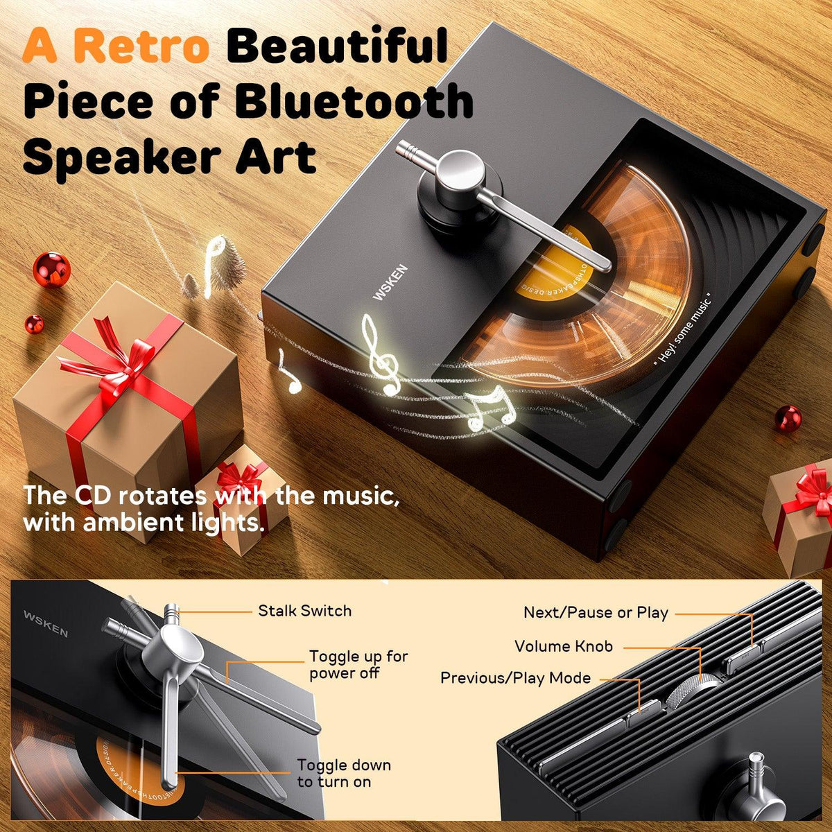 WSKEN Retro Bluetooth Speaker Gifts, BT5.3 Wireless Speakers, Black - WSKEN
