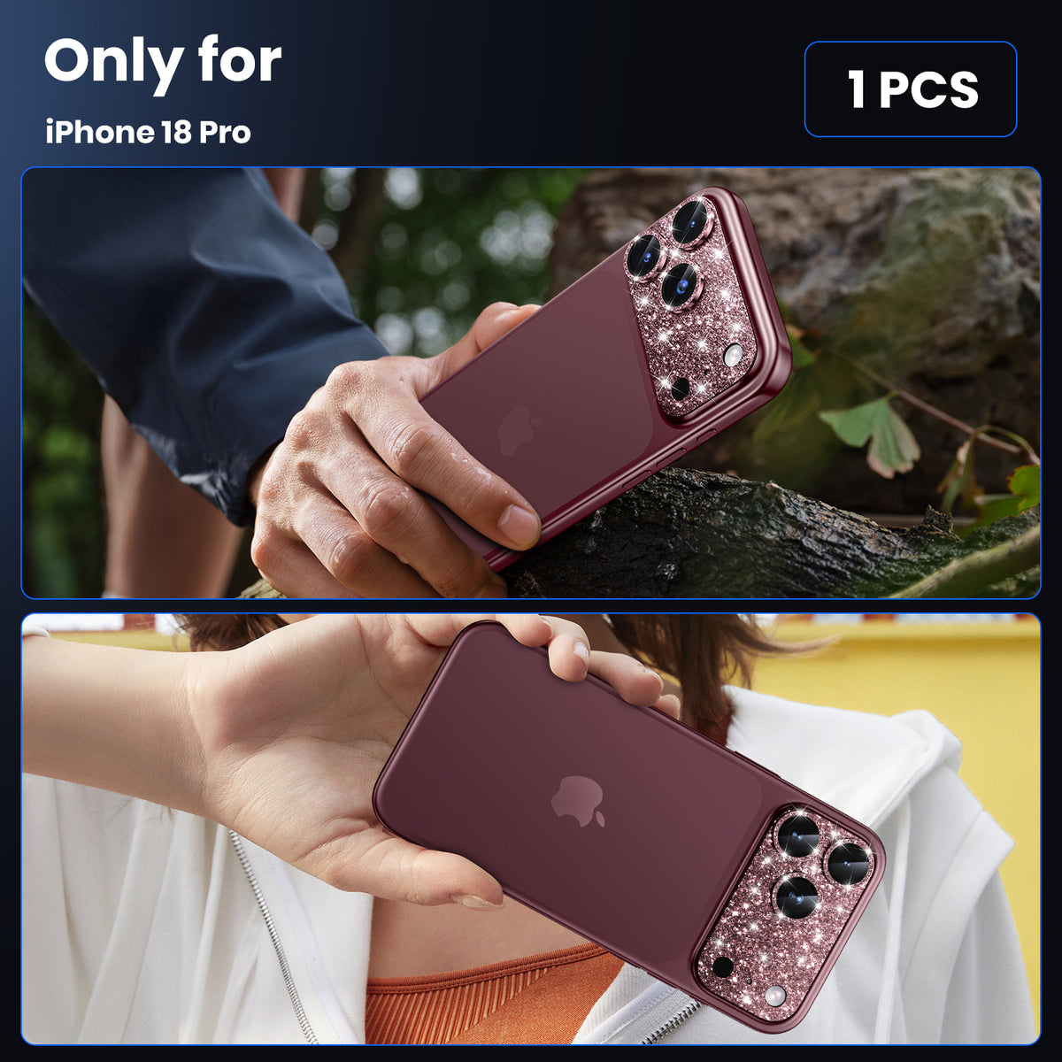 WSKEN iPhone 18 Pro Max Camera Lens Protector - Military Grade Design Glitter Burgundy - WSKEN