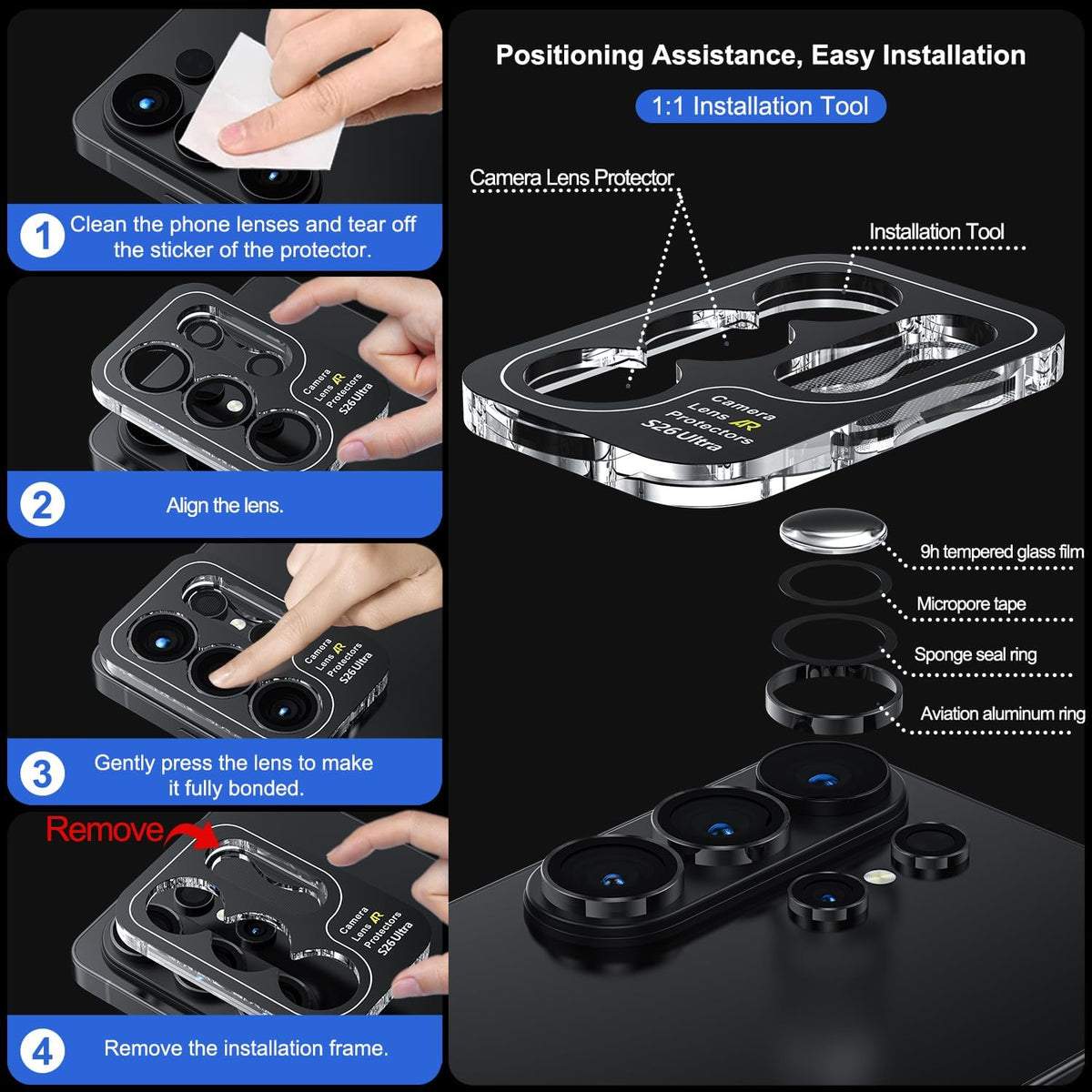 WSKEN for Samsung Galaxy S26 Ultra Camera Lens Protector - Ultra Thin Case Friendly, 9H Shatterproof Tempered Glass with Anti Scratch Metal Circle Camera Screen Protector Cover Accessories, Black - WSKEN