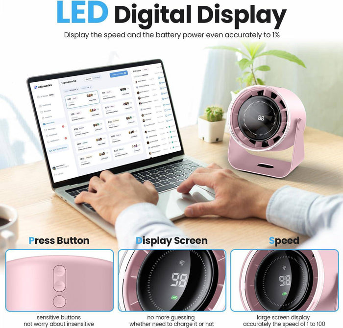WSKEN Desk Fan with Battery Operated, Quiet Digital Display, Pink