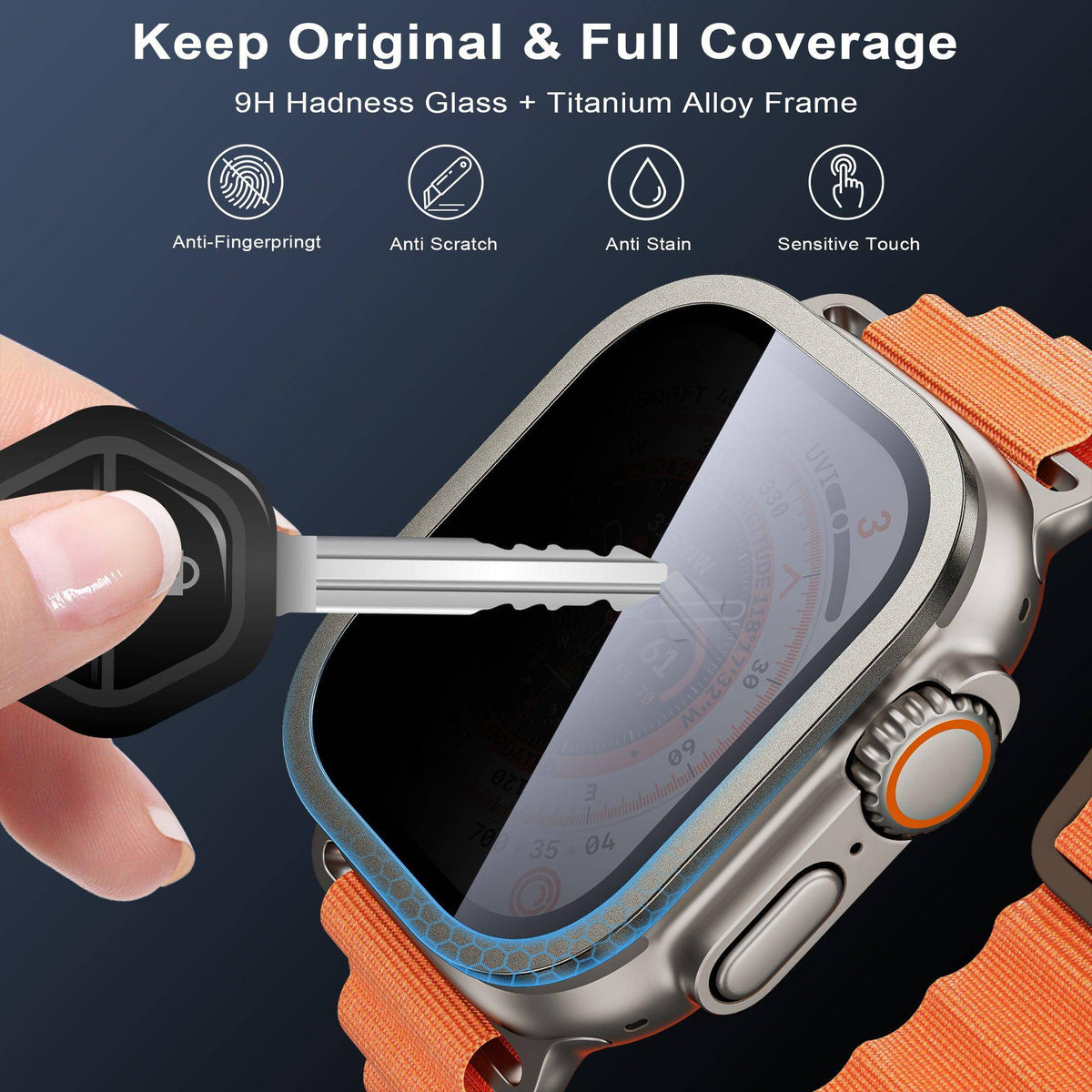 WSKEN for Apple Watch Ultra 2/Ultra Screen Protector 49mm, [26 Degree Privacy] Titanium Alloy Frame + 9H Tempered Glass, 2 Pack - WSKEN