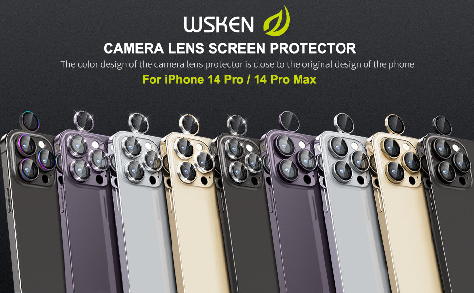 WSKEN iPhone 14 Pro/iPhone 14 Pro Max HD Tempered Metal Glass Camera Lens Protector-Gold Glitter